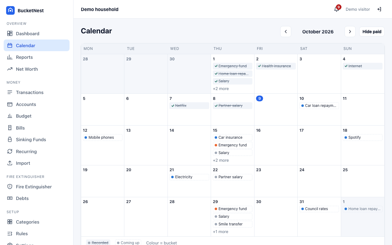 A month calendar of pay and bills; paid ones are ticked and struck through.