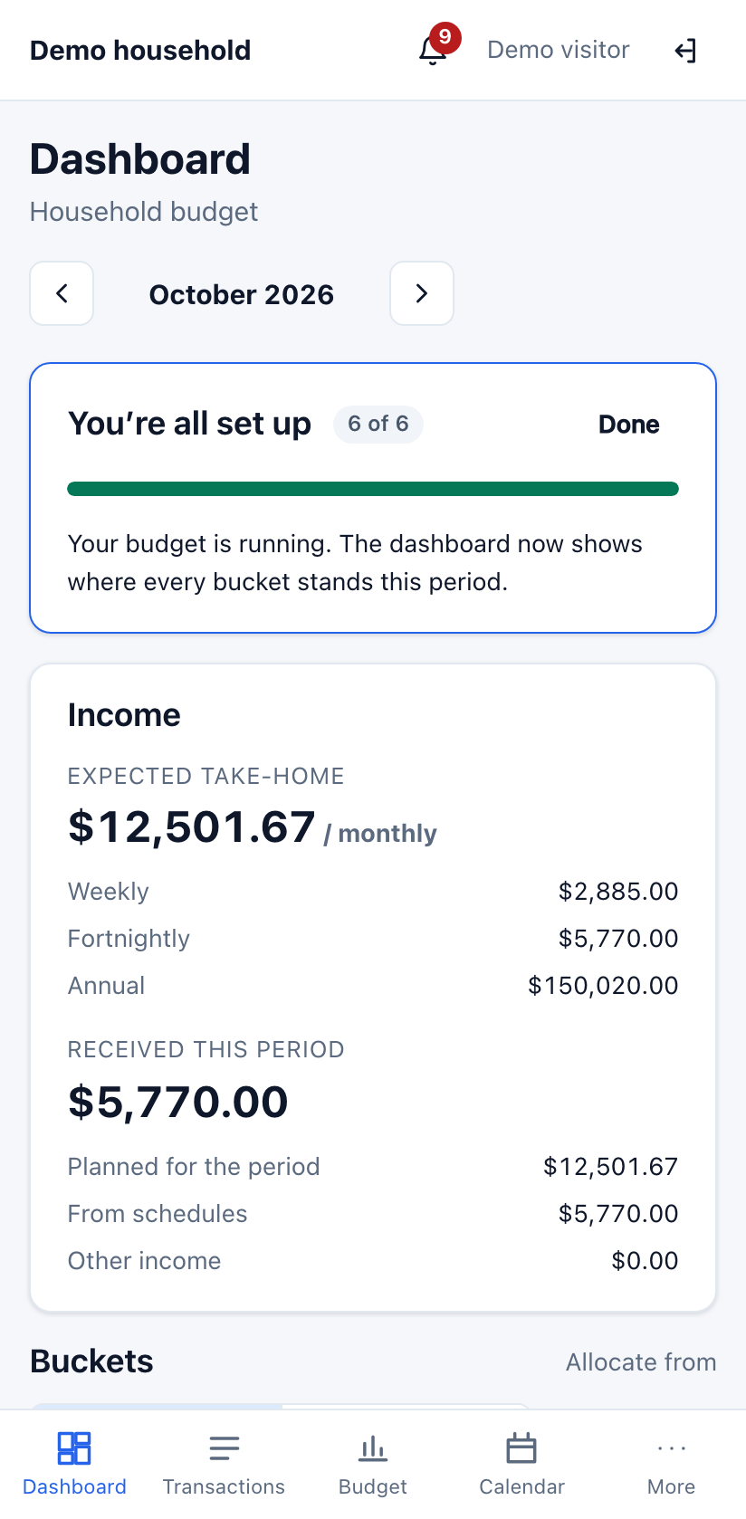 BucketNest on a phone: the dashboard’s bucket cards.